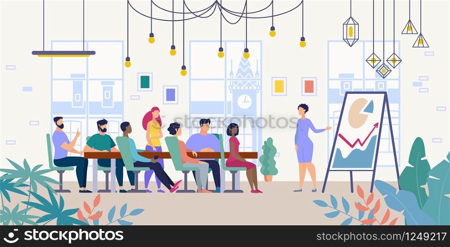 Business Project Presentation, Company Financial Strategy Planning Flat Vector Concept with Female Leader Showing Infographics on Flipchart for Company Employees in Office Meeting Room Illustration