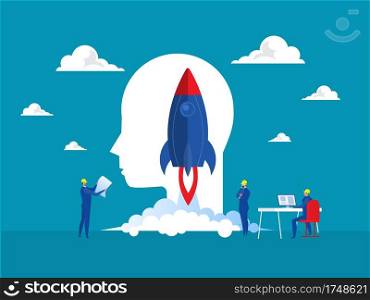 business project start up People launch spaceship rocket; development products; marketing company; creative idea and innovation new original symbol vector concept