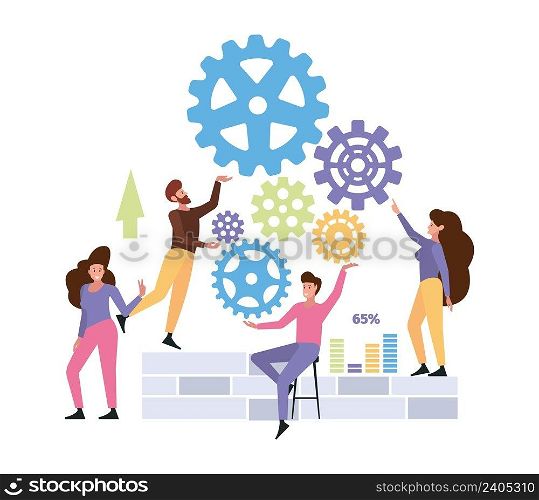 Business project. Teamwork, partnership. People collect gears. Men women working together, workflow vector concept. Illustration of teamwork partnership, people team work. Business project. Teamwork, partnership. People collect gears. Men women working together, workflow vector concept