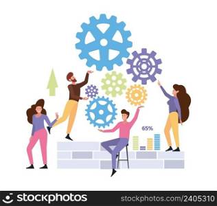 Business project. Teamwork, partnership. People collect gears. Men women working together, workflow vector concept. Illustration of teamwork partnership, people team work. Business project. Teamwork, partnership. People collect gears. Men women working together, workflow vector concept