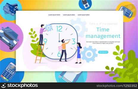 Business Project Time Management Character Banner. Teamlead Analyze Timeline Development. Male Decrease Job Search Duration. Female Control Execution Term. Flat Cartoon Vector Illustration. Business Project Time Management Character Banner