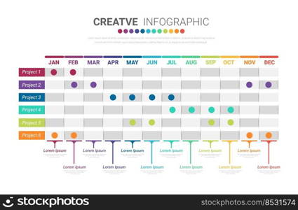 Business project time plan template with 12 months, 1 year. Planner design and Presentation business project.Easy to use for your website or presentation.