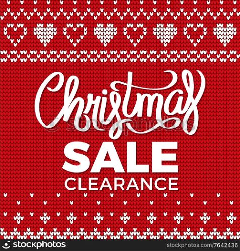 Business promotion postcard Christmas clearance sale. Poster decorated by embroidery of snowflake and heart figures. Handicraft ornament on red textile or wallpaper, advertising object vector. Christmas Embroidery and Clearance Sale Vector
