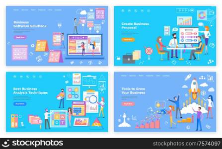 Business proposal and tools for grow, analysis techniques and software web page vector. Graphics and rocket, website template, landing page flat style. Software, Business Proposal, Analysis Techniques