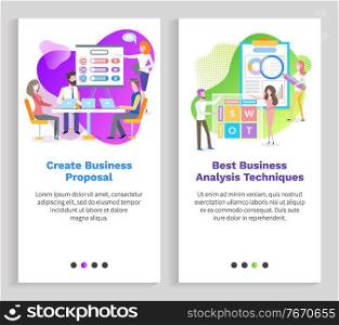 Business proposal vector, people working on analysis technique for project development, workers with clipboard and magnifying glasses set. Website or slider app, landing page flat style. Business Proposal and Analysis Technique Vector