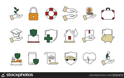 Business protection icon. Life protection safety money insurance liabilities caring medicine health protect vector linear symbols. Illustration of insurance property house, travel and ship. Business protection icon. Life protection safety money insurance liabilities caring medicine health protect vector linear symbols