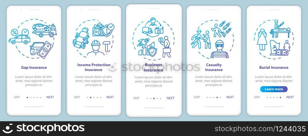 Business protection onboarding mobile app page screen with concepts. Family support. Financial aid walkthrough 5 steps graphic instructions. UI vector template with RGB color illustrations