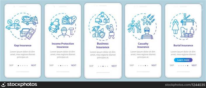 Business protection onboarding mobile app page screen with concepts. Family support. Financial aid walkthrough 5 steps graphic instructions. UI vector template with RGB color illustrations