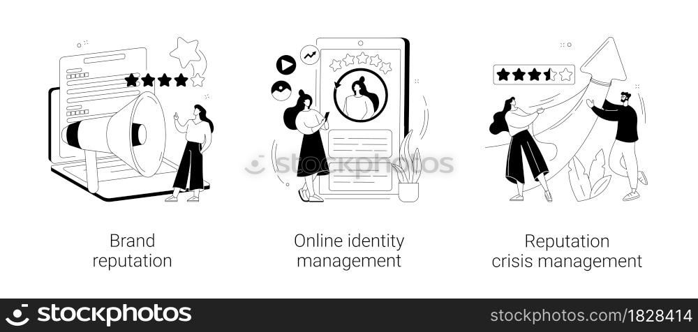 Business public relations abstract concept vector illustration set. Brand reputation, online identity management, reputation crisis management, product presence, social network abstract metaphor.. Business public relations abstract concept vector illustrations.
