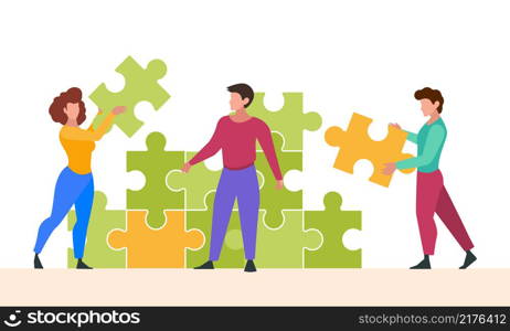 Business puzzle. Characters collect jigsaw successful business team solution cooperative consulting people helping garish vector puzzle flat illustrations. Business teamwork and partnership jigsaw. Business puzzle. Characters collect jigsaw successful business team solution cooperative consulting people helping garish vector puzzle flat illustrations