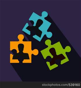 Business puzzles icon in flat style on purple background. Business puzzles icon, flat style