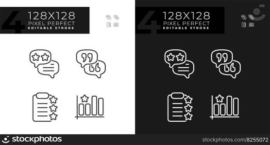 Business rating analysing pixel perfect linear icons set for dark, light mode. Studying users reaction. Thin line symbols for night, day theme. Isolated illustrations. Editable stroke. Business rating analysing pixel perfect linear icons set for dark, light mode