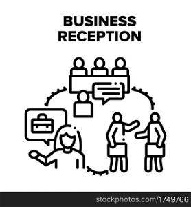 Business Reception Office Vector Icon Concept. Business Reception For Consulting And Communication With Customer. Administrator Discussing With Client Or Visitor Black Illustration. Business Reception Office Vector Black Illustrations