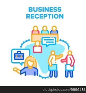 Business Reception Office Vector Icon Concept. Business Reception For Consulting And Communication With Customer. Administrator Discussing With Client Or Visitor Color Illustration. Business Reception Office Vector Concept Color
