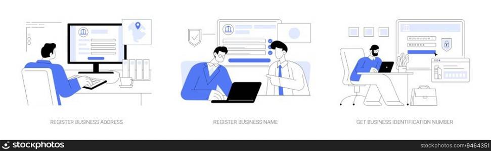Business registration abstract concept vector illustration set. Register business address and name, get business identification number, sign documents online, government services abstract metaphor.. Business registration abstract concept vector illustrations.