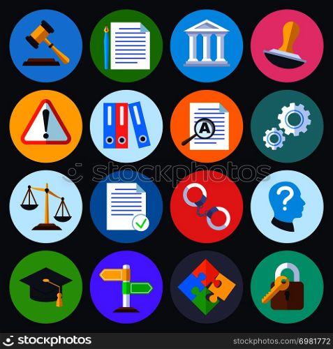 Business regulation, legal compliance and copyright vector flat icons. Law legal regulation, compliance and agreement contract illustration. Business regulation, legal compliance and copyright vector flat icons