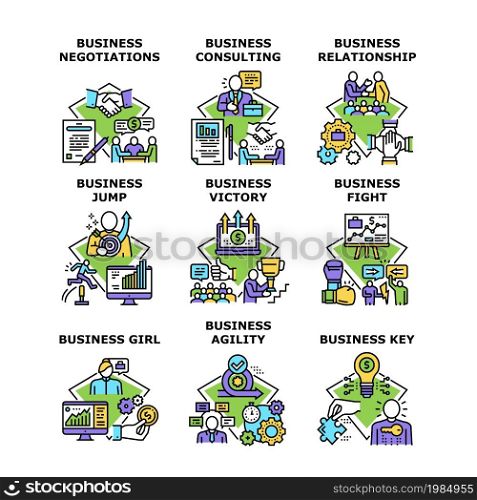 Business Relation Set Icons Vector Illustrations. Business Relationship And Negotiations, Girl Jump And Consulting, Fight And Victory, Agility And Key. Businesspeople Occupation Color Illustrations. Business Relation Set Icons Vector Illustrations