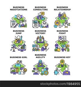 Business Relation Set Icons Vector Illustrations. Business Relationship And Negotiations, Girl Jump And Consulting, Fight And Victory, Agility And Key. Businesspeople Occupation Color Illustrations. Business Relation Set Icons Vector Illustrations