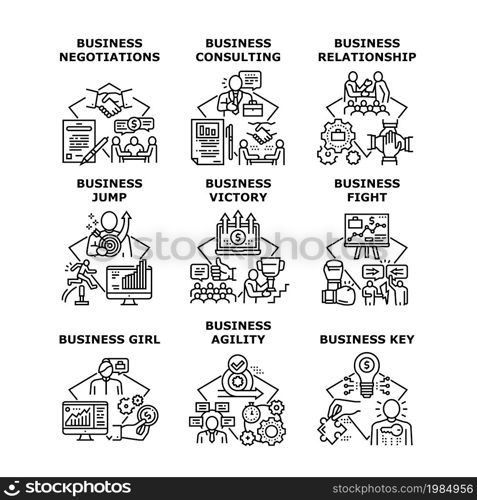 Business Relation Set Icons Vector Illustrations. Business Relationship And Negotiations, Girl Jump And Consulting, Fight And Victory, Agility And Key. Businesspeople Occupation Black Illustration. Business Relation Set Icons Vector Illustrations