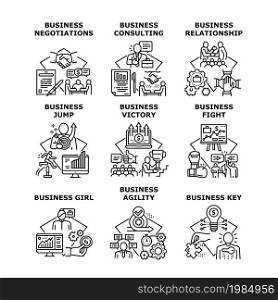 Business Relation Set Icons Vector Illustrations. Business Relationship And Negotiations, Girl Jump And Consulting, Fight And Victory, Agility And Key. Businesspeople Occupation Black Illustration. Business Relation Set Icons Vector Illustrations