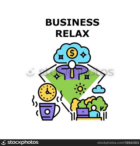 Business Relax Vector Icon Concept. Business Relax And Vacation After High Work And Job. Manager Relaxing In Nature And Drinking Drink At Coffee Break Time. Holiday Enjoying Color Illustration. Business Relax Vector Concept Color Illustration