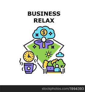 Business Relax Vector Icon Concept. Business Relax And Vacation After High Work And Job. Manager Relaxing In Nature And Drinking Drink At Coffee Break Time. Holiday Enjoying Color Illustration. Business Relax Vector Concept Color Illustration