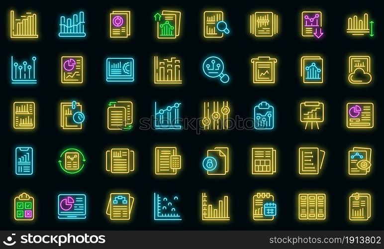 Business report icons set. Outline set of business report vector icons neon color on black. Business report icons set vector neon