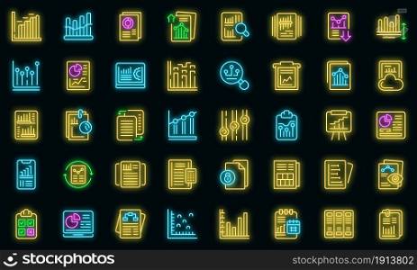 Business report icons set. Outline set of business report vector icons neon color on black. Business report icons set vector neon