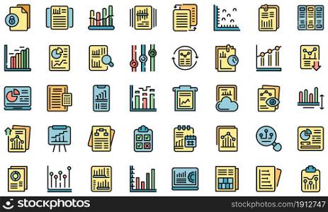 Business report icons set. Outline set of business report vector icons thin line color flat on white. Business report icons set vector flat