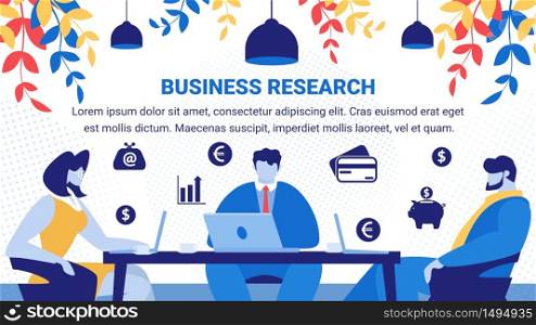 Business Research Horizontal Banner. Office Work Startup Development. Creative Team Working on Start Up Technology Discussing on Creating New Project Sitting at Desk. Cartoon Flat Vector Illustration. Business People Team Work on Start Up Technology.