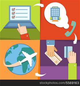 Business reservation and booking icons set with hands for vacation trip payment and ticket purchase vector illustration