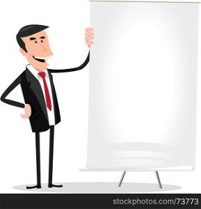 Business Results. Illustration of a happy cartoon businessman showing excellent income results on a white board