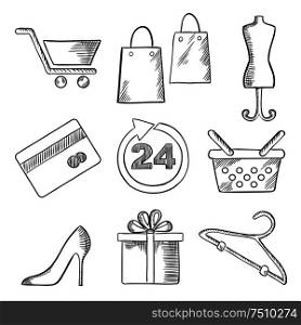 Business, retail and shopping sketched icons of shopping cart, bags, tailors dummy, stiletto shoe, dress size, gift, hanger, credit card and shopping bag. Sketch style. Retail, business and shopping sketched icons