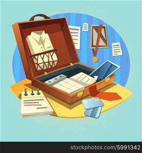 Business retro briefcase. Open business briefcase with retro cartoon businessman suit and working items vector illustration