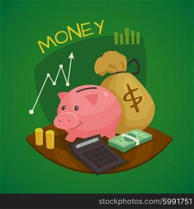 Business Retro Cartoon Concept Set. Business retro concept set in cartoon style with piggy bank calculator and bag of money vector illustration