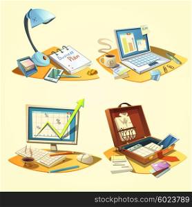 Business retro set. Business concept retro set with cartoon style office work items isolated vector illustration