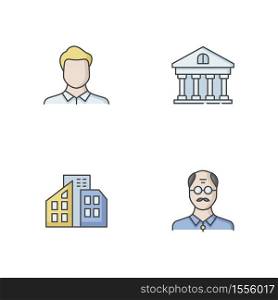 Business RGB color icons set. Man avatar. Middle age businessman. Bank account. Real estate. Private property. Office buildings. Older corporate employee. Isolated vector illustrations. Business RGB color icons set
