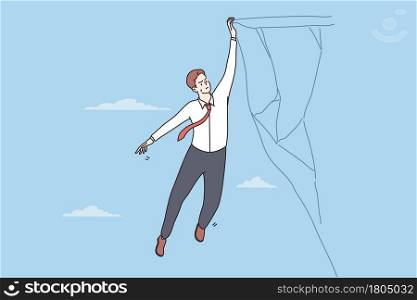 Business risk and crisis concept. Young businessman in tie hanging dangerously on edge of cliff holding by one hand feeling unconfident vector illustration . Business risk and crisis concept
