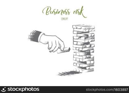 Business risk concept. Hand drawn hand of businessman placing out wood block on tower. Risk and strategy in business isolated vector illustration.. Business risk concept. Hand drawn isolated vector.