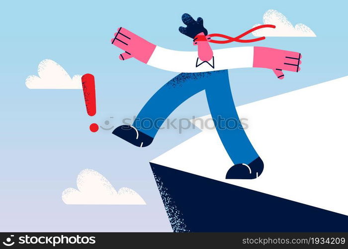 Business risks and challenge concept. Young businessman wearing red ribbon on eyes walking to abyss with danger and risks vector illustration . Business risks and challenge concept