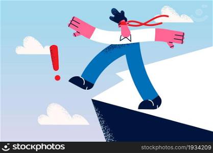 Business risks and challenge concept. Young businessman wearing red ribbon on eyes walking to abyss with danger and risks vector illustration . Business risks and challenge concept