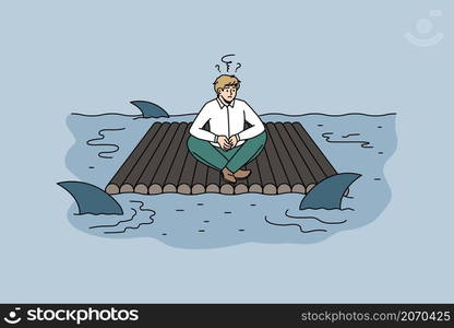 Business risks and danger concept. Stressed frustrated businessman sitting on raft feeling in danger because of sharks swimming around vector illustration . Business risks and danger concept