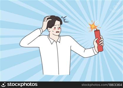 Business risks, challenge, stress concept. Young stressed frustrated Businessman standing feeling worried for imminent explosion vector illustration . Business risks, challenge, stress concept.