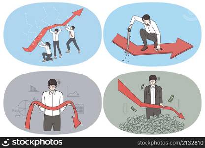 Business risks, teamwork and strategy concept. Set of young businessmen losing money with decreasing business trying to save business together feeling frustrated vector illustration. Business risks, teamwork and strategy concept