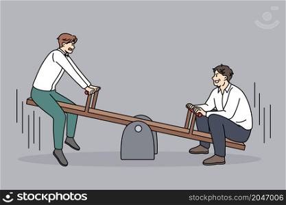 Business rivalry and competition concept. Two businessmen opponents sitting riding on swings trying to outweight one another vector illustration . Business rivalry and competition concept