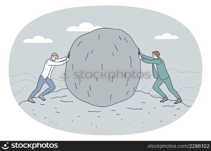 Business rivals and leadership concept. Two young businessmen pulling haystack towards each other having competition between them vector illustration . Business rivals and leadership concept