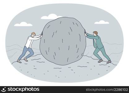 Business rivals and leadership concept. Two young businessmen pulling haystack towards each other having competition between them vector illustration . Business rivals and leadership concept