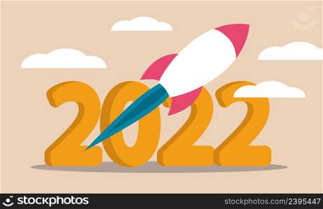 Business rocket 2022 and business achievement. Future goal and growth mission startup vector illustration concept. Project motivation and vision. Futuristic innovation and creativity spaceship