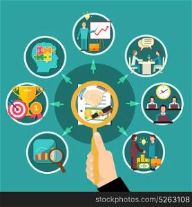 Business Round Flowchart Composition. Business composition with human hand holding magnifying lens and round images of teamwork and collaboration ideas vector illustration