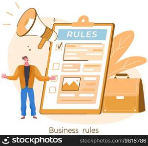 Business rules. Businessman near rules checklist explains order. Principles and strategy of company management for order and restrictions. Legal law corporate regulation. Prohibited actions. Business rules. Businessman near rules checklist explains order. Principles and strategy of company
